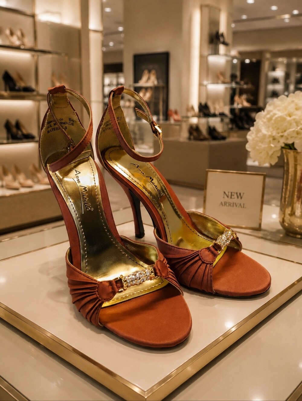 Anne Michelle Brown Satin Ankle-Strap Stiletto Heels with Crystal Accent